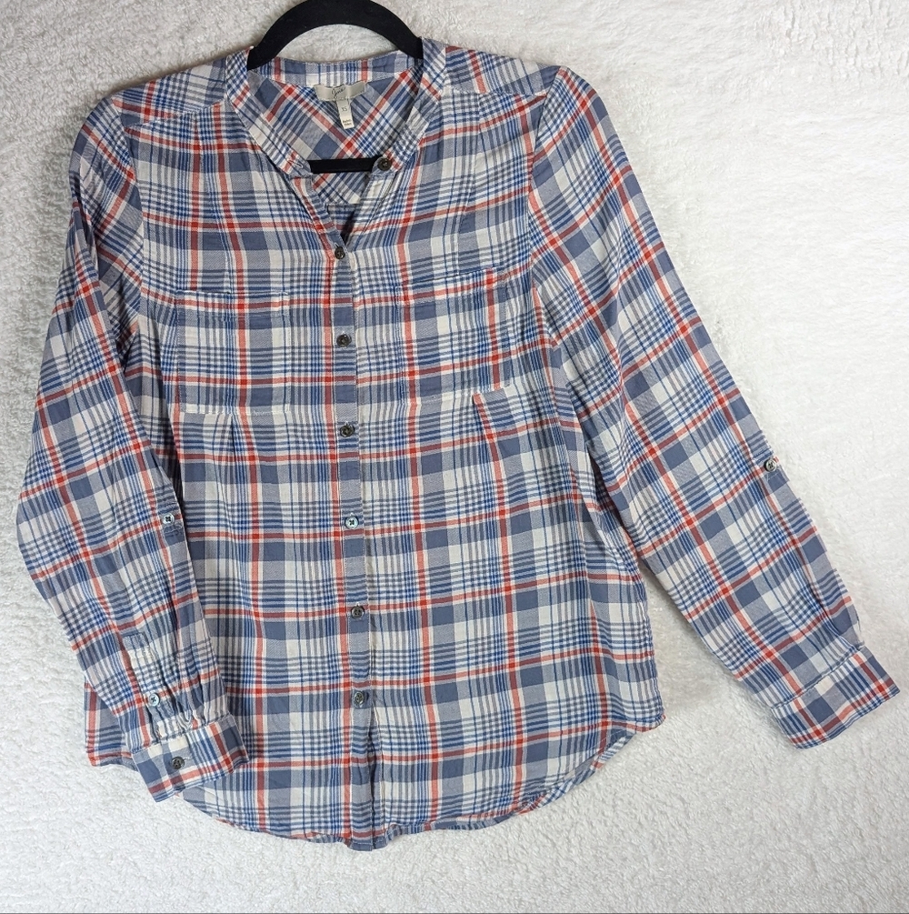 664-Joie Casual‎ Blue and Orange Plaid Shirt